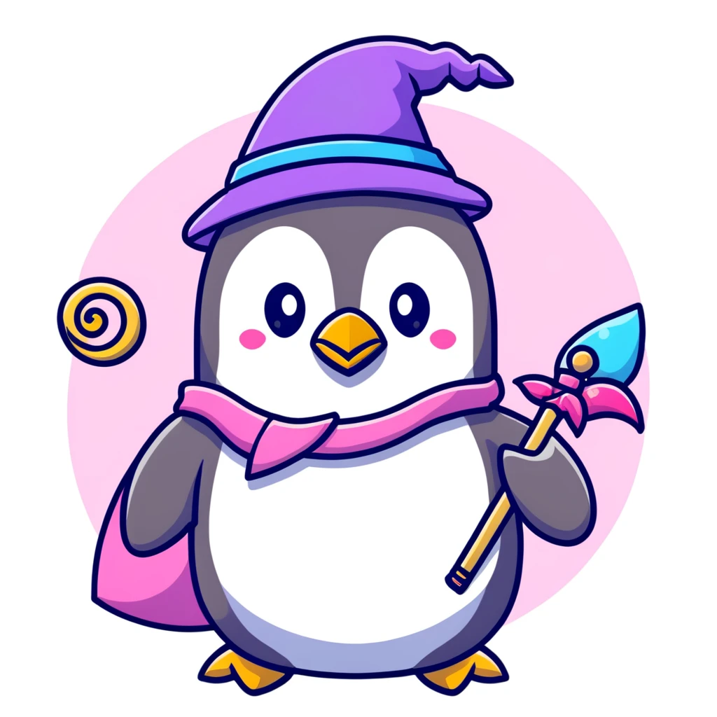 penguin wizard with a staff and hat, surrounded by a small dragon, fairy, and unicorn, colorful fantasy landscape with gothic castle emoji