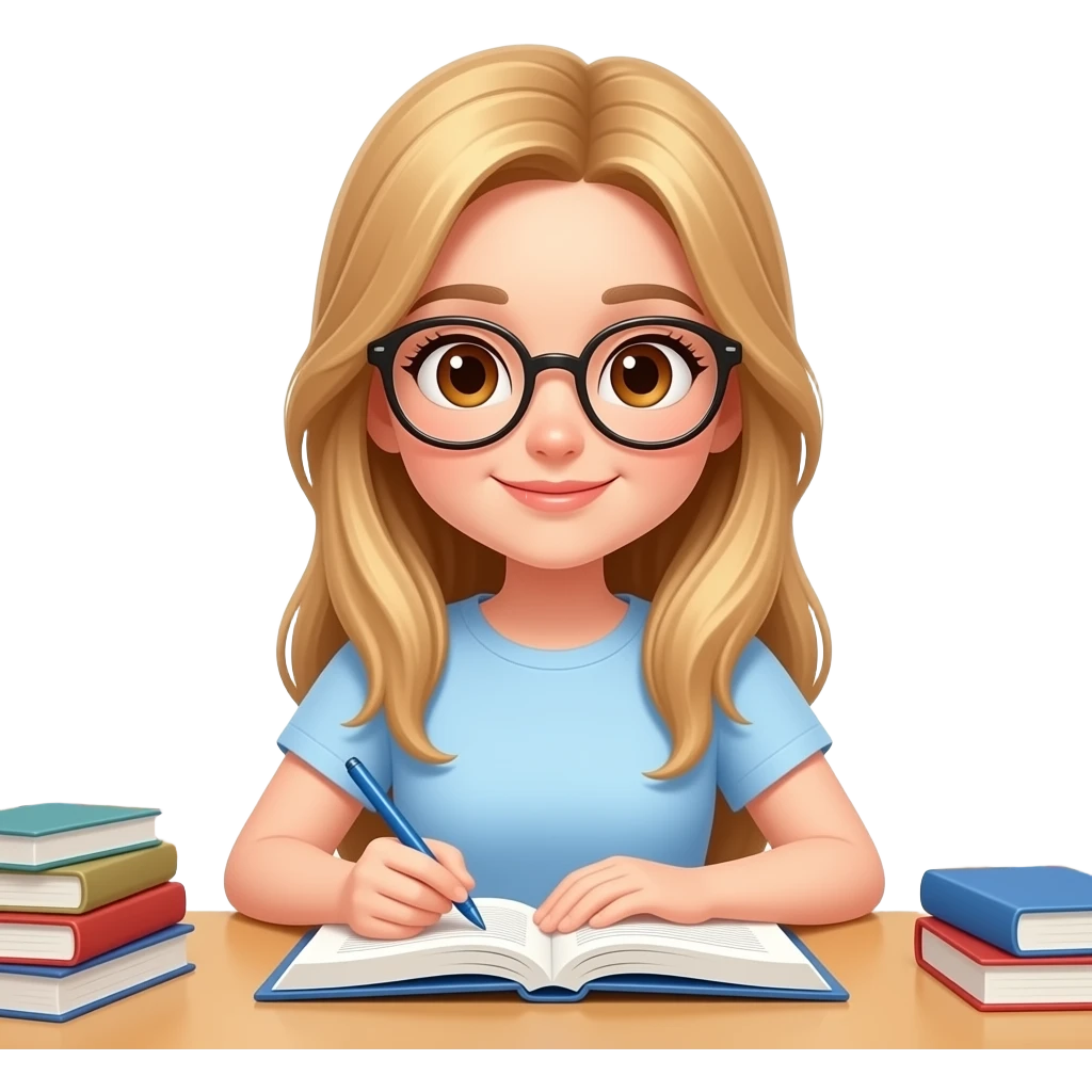 chica rubia con gafas de ojos marron estudiando, de fondo sentada en la biblioteca emoji