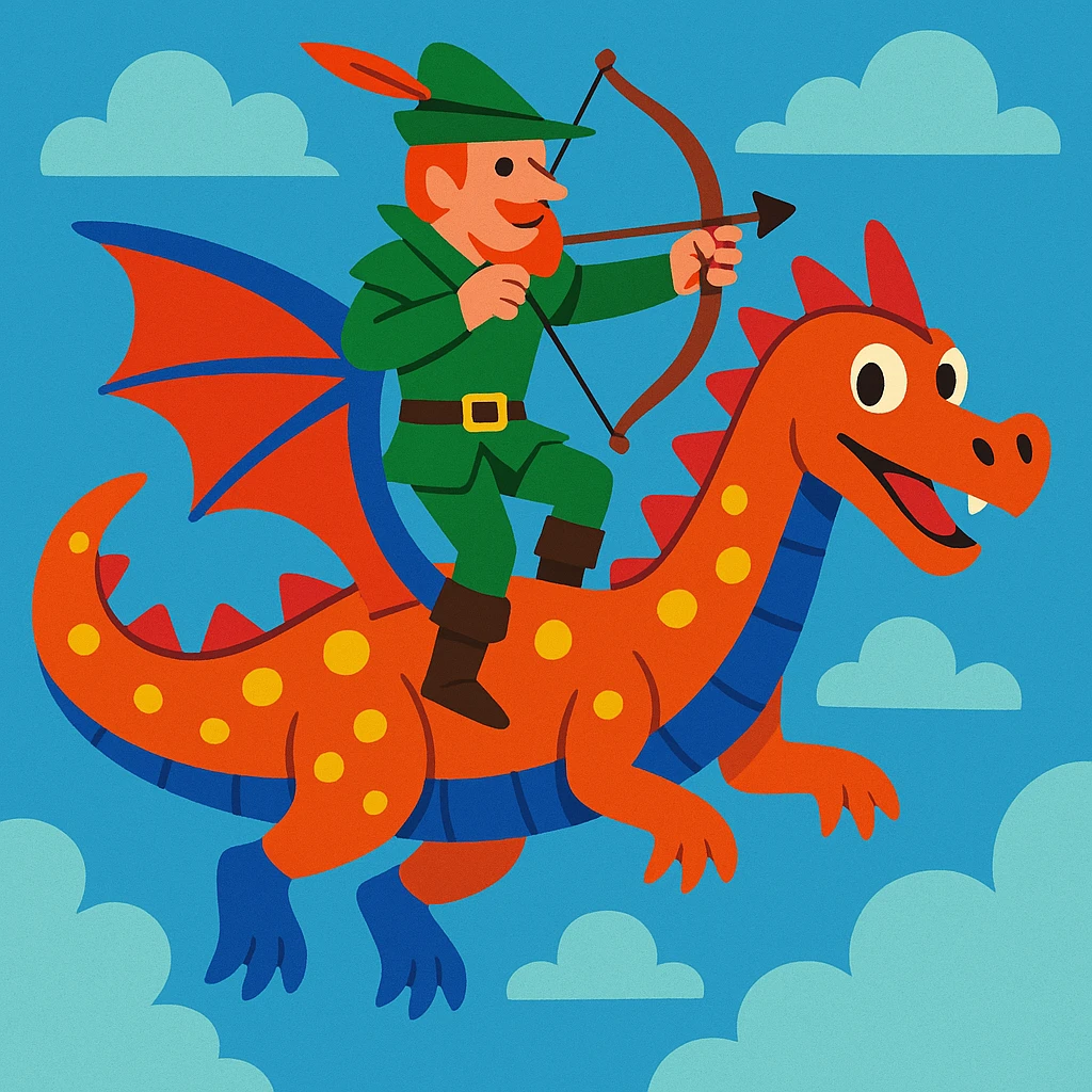 Robin Hood riding a dragon, playful and dynamic emoji
