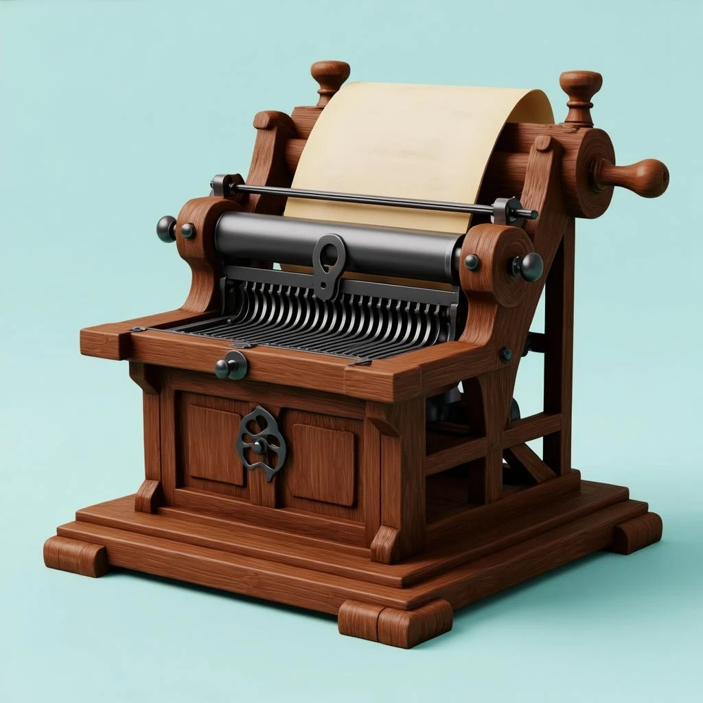 Первый книгопечатный станок Гутенберга в рисованном 3d стиле, прозрачный фон emoji