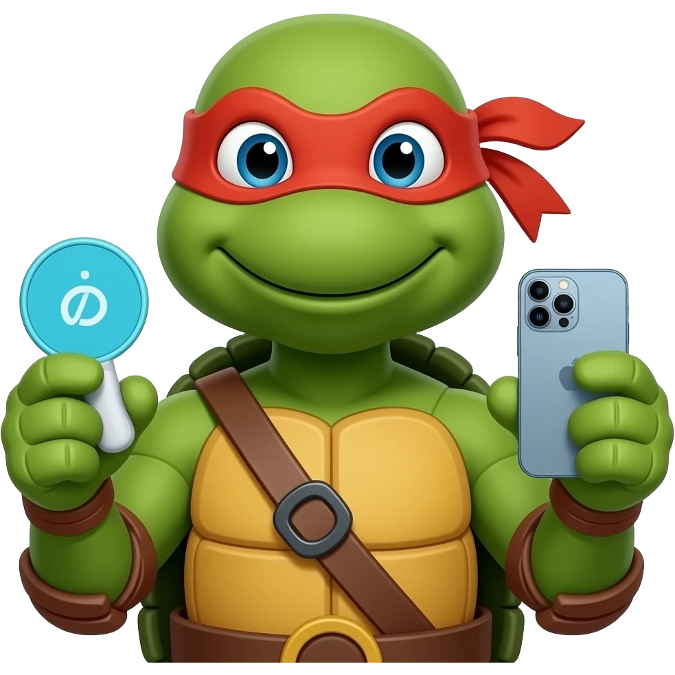 Michelange (Teenage Mutant Ninja Turtles) holding a vision Pro on one hand and iPhone on another hand emoji