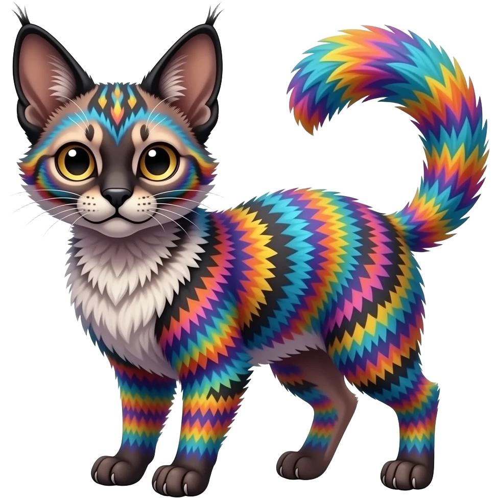 A Colorful iridescent exotic tropical tribal cute happy realistic esoteric patterned fluffy furry dark caracal-Lykoi-bobcat-sphynx-genet-civet-Fakémon-fursona-hybrid-fusion-animal-creature, full body, 4-legged emoji