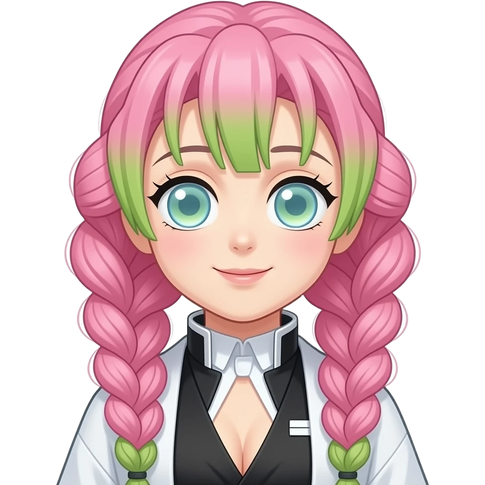 girl named mitsuri that has three braids and the botom of her bangs are green and her braids are pink emoji