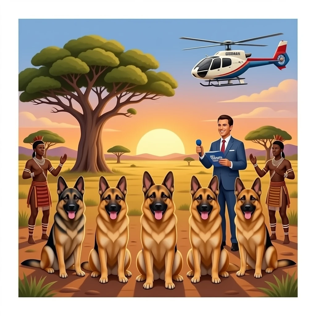 7 shaded k9 german sheppards surrounding african savanna plains sunset boabab backed by traditional dancers (basarwa bushmen) rythm sunset helicopter news anchor chopper emoji