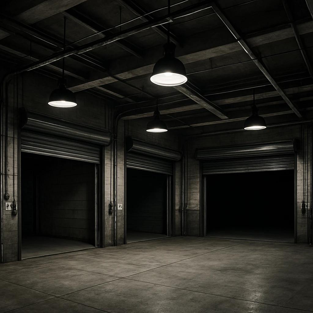 a garage with three entrances, industrial style, concrete floor emoji