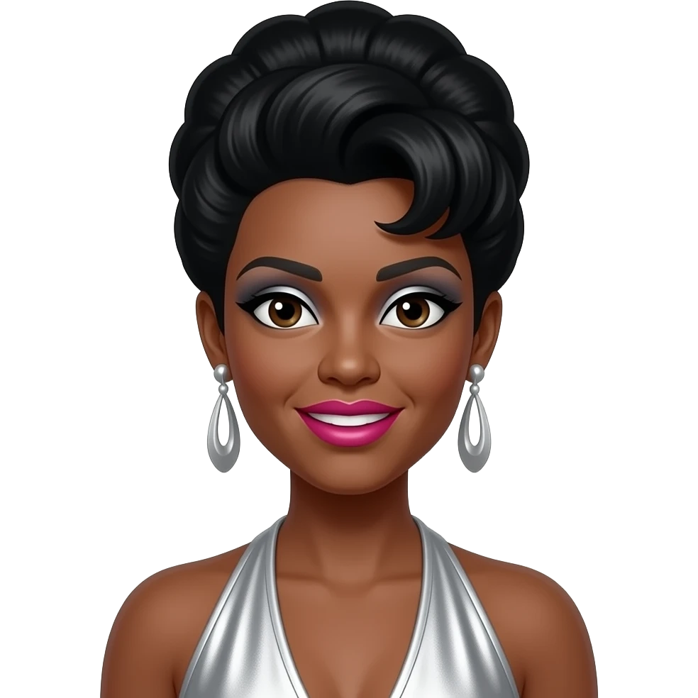 Cindy Birdsong from The Supremes with dark brown eyes, black beehive hair, silver eyeshadow, hot pink lipstick, silver metallic halter dress, silver earrings emoji