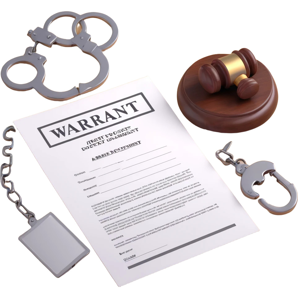 realistic 3D icon of an arrest warrant document with 'WARRANT' in large letters at the top, body text, signature and official stamp at the bottom, next to a brown wooden gavel and metal handcuffs, bright lighting, isolated emoji