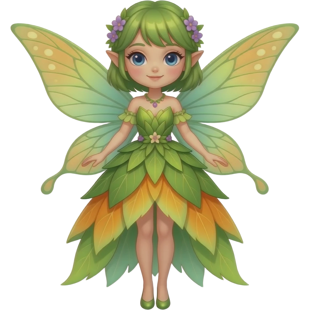 An elegant garden fairy in a green and orange color palette, with delicate translucent wings, a flowing leaf-and-petal dress, rosy cheeks, and tiny lilac accents. emoji