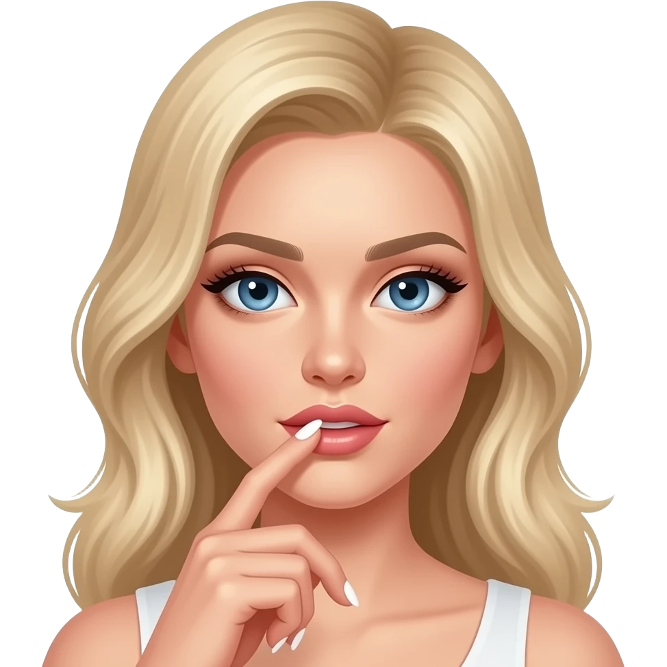 Femme blonde yeux bleu bien maquillée avec ongles fait, main avec un doigt  dans à la bouche emoji