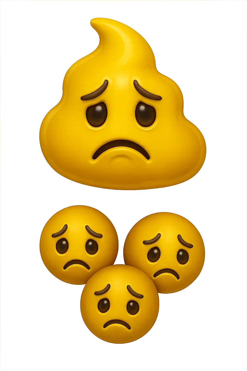 emoji stile iphone di una cacca giallina e liquida con espressione triste, sopra una montagnetta di feci a palline con espressione triste, iperrealistico 4k emoji