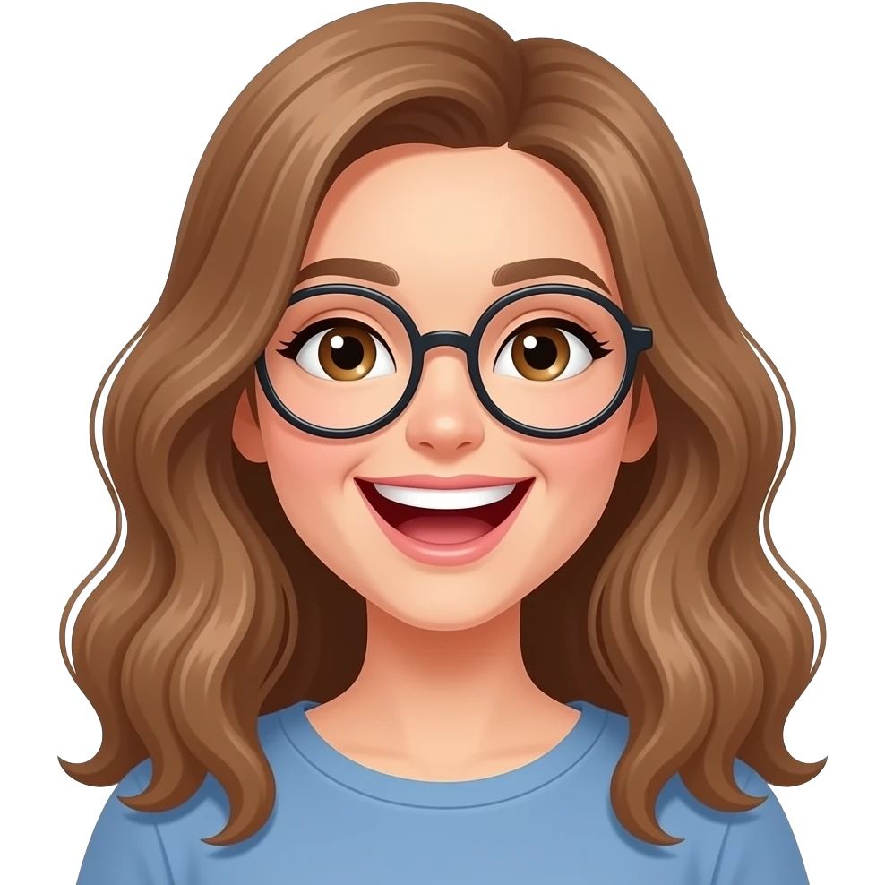 detailed emoji illustration of a curvy woman with long light brown wavy hair, light brown eyes and round glasses laughing uncontrollably, playful april fools vibe, big smile and laughing expression, cute emoji style emoji