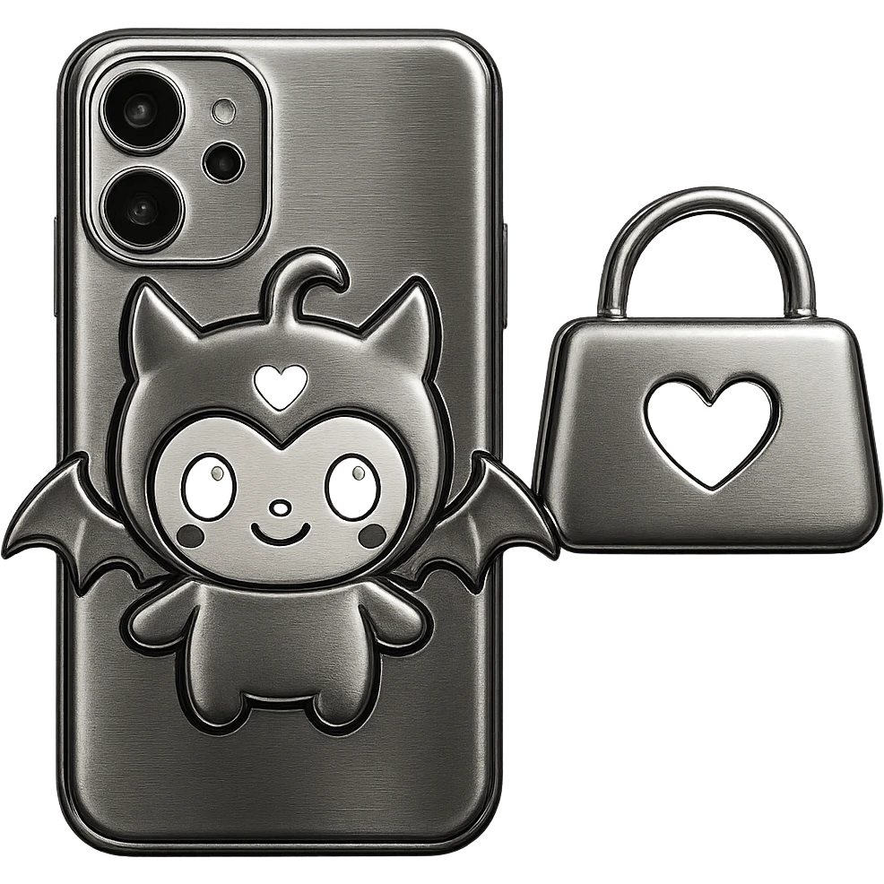 Change the color scheme to white and black, gothic kawaii phone case, big eyes, smiling, playful, cartoonish, gothic symbols, chrome style, no background. emoji