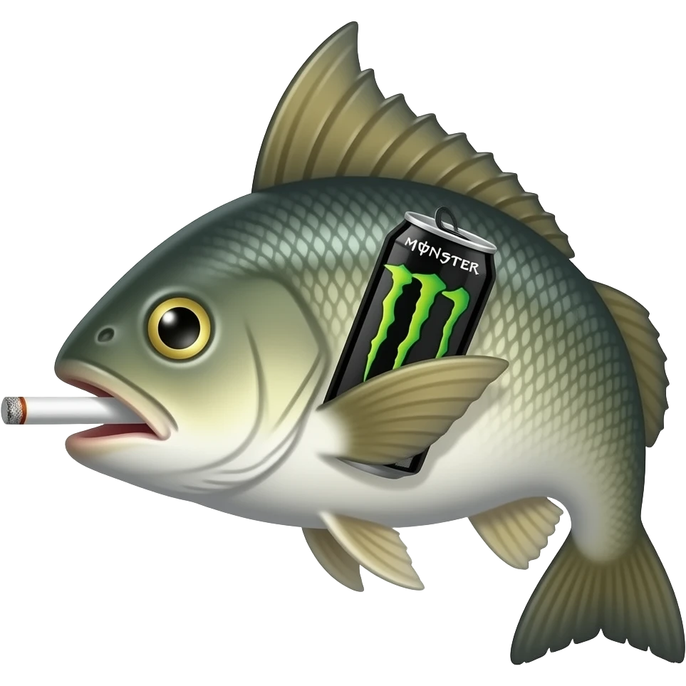 a sea bass with a White Monster Energy Drink under its wing and a cigarrette in its mouth emoji