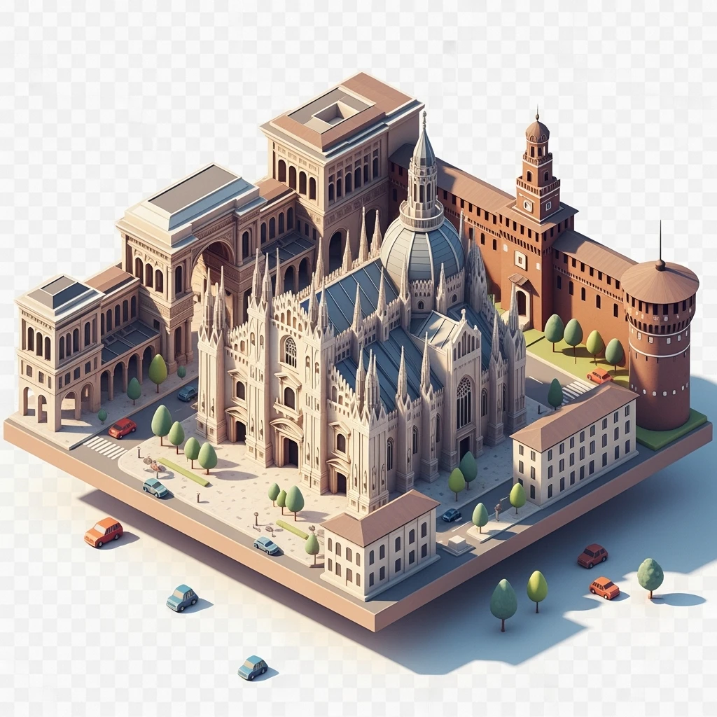 Isometric Milan with the Milan Cathedral (Duomo di Milano), toy-style elements, soft shadows, pastel diorama style, transparent background emoji