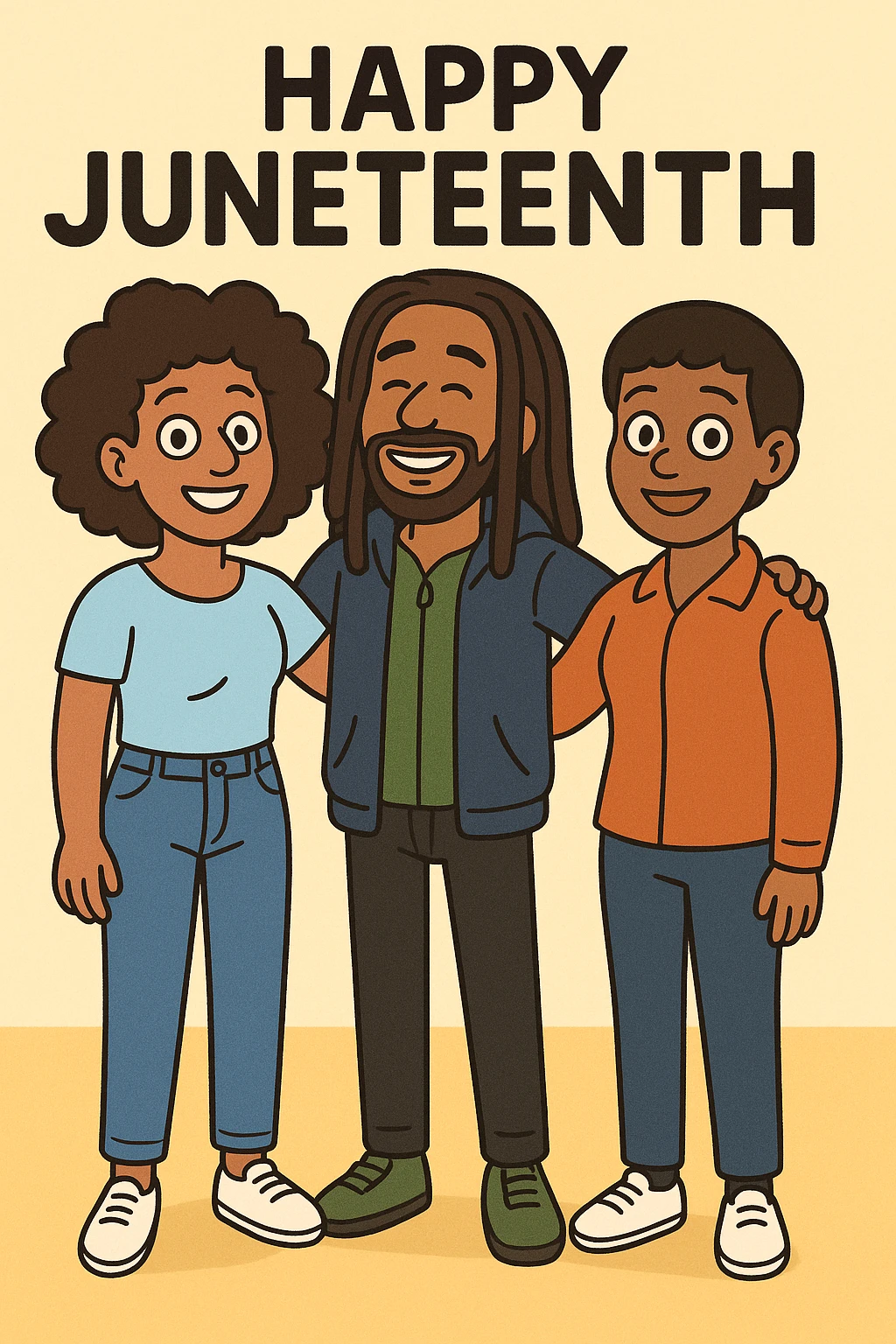 A woman Kinky hair light blue shirt blue jeans white shoes boy Dreadlocks dark brown hair green shuts navy blue zip up hoodie black jeans green shoes Bob Marley Vanessa Nakate Mae Jemison Happy JUNETEENTH emoji