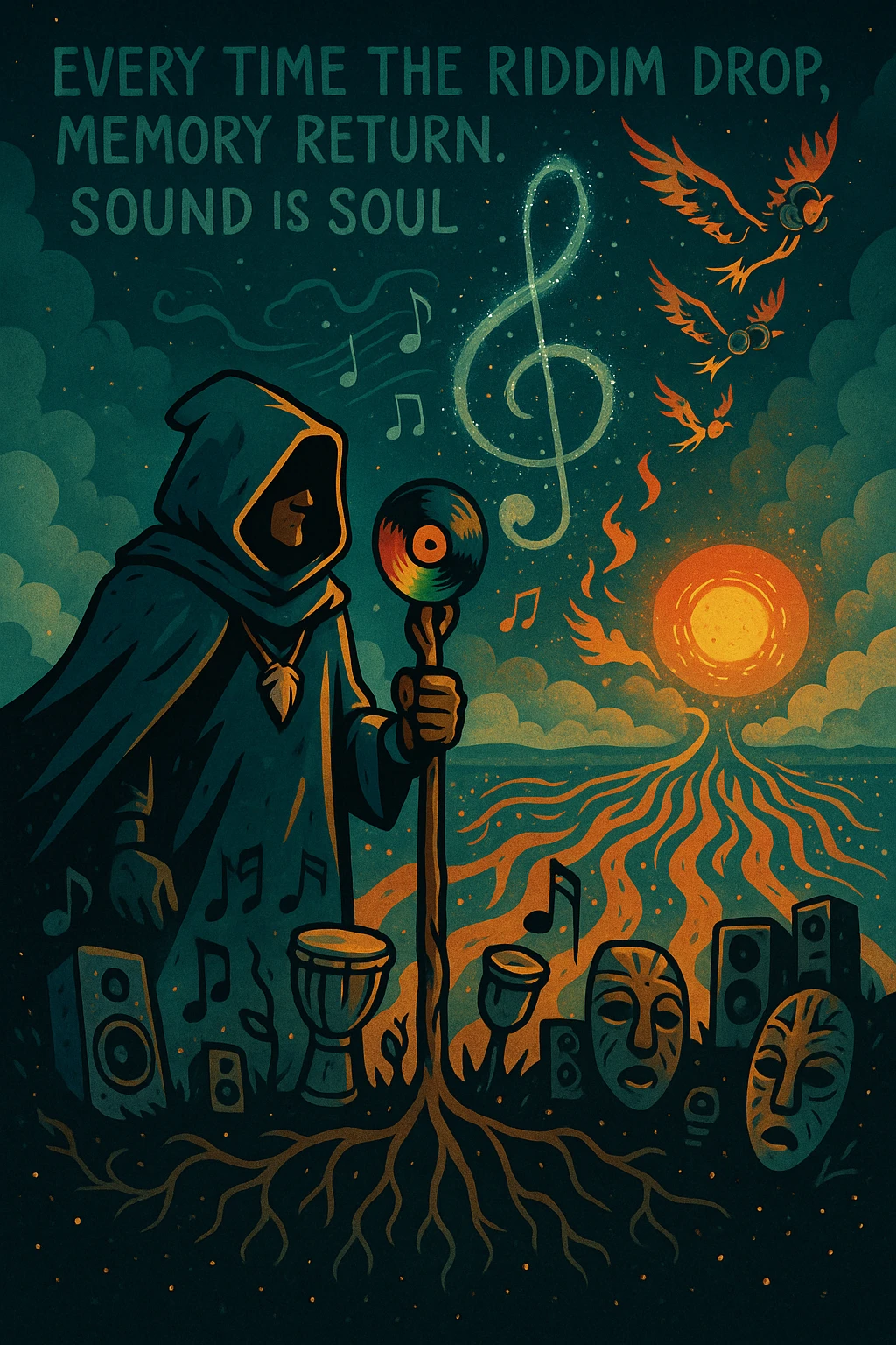 Create a mythical, animated-style poster set in a timeless world where sound is sacred. At the center, a hooded guardian of rhythm stands on a hill, overlooking a vast land shaped like a giant soundwave.

He holds a staff made of melted vinyl records, glowing with faint reggae colours — red, gold, and green. Around his neck is a lion’s fang pendant, and behind him, a swirling constellation shaped like a treble clef lights the sky.

From the earth, roots twist upward into musical notes, connecting instruments, speakers, and ancestral masks half-buried in the soil.

A flock of birds made from broken headphones and fire rises from the horizon — flying toward a glowing sun that pulses like a subwoofer.

Below, scattered across the valley, are tiny glowing embers — each one representing a soul still dancing, still alive.

In the sky, faint words form from the clouds:
“Every time the riddim drop, memory return. Sound is soul.”

The artwork should feel ancient, futuristic, and sacredly street — part graffiti, part prophecy, part roots revival. emoji
