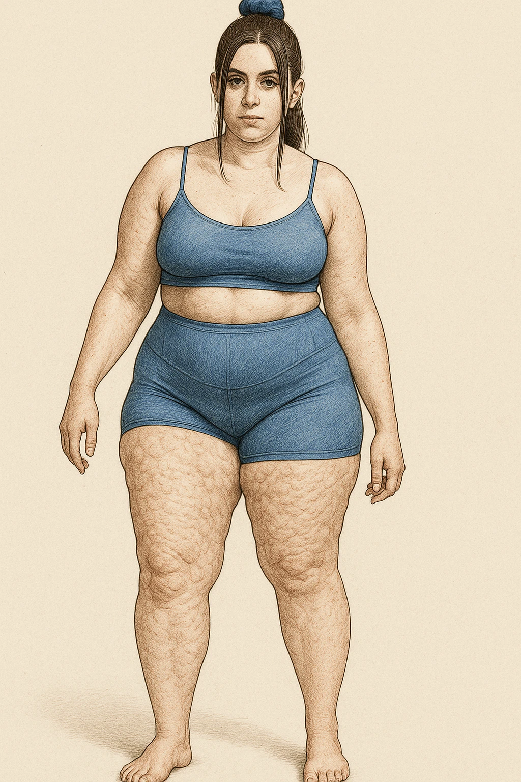 Donna vista anatomicamente con fianchi asimmetrici ed inestetismi come ritenzione e cellulite emoji