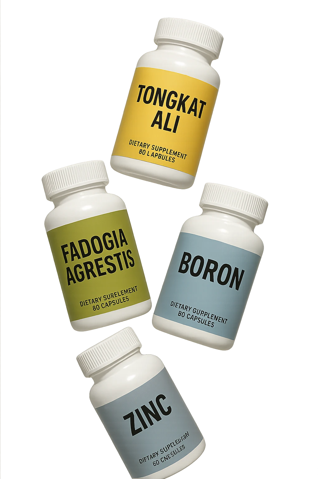 4 boccette di integratore: Tongkat Ali, Fadogia Agrestis, Boron e Zinco fluttuano in aria verticalmente emoji