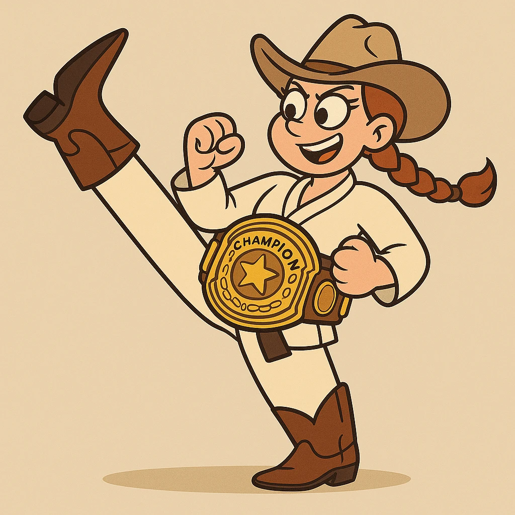 Add a large, shiny championship belt around her waist, making it prominent and detailed, in the same flat toon style. emoji