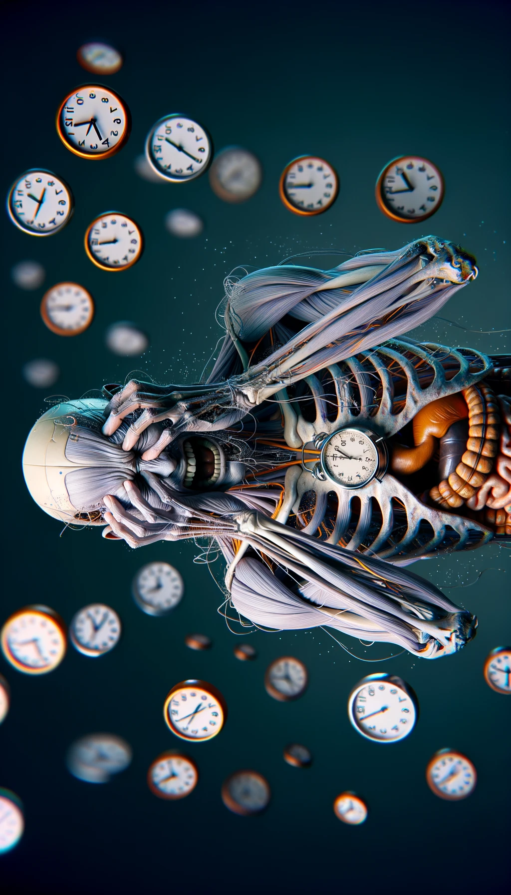 corpo umano anatomico CHE TIENE OROLOGI NELLE MANI E STA IMPAZZENDO PERCHé NON RIESCE A SVOLGERE TUTTE LE SUE ATTIVITà QUOTIDIANE: NON HA TEMPO, iperrealistico 4k emoji