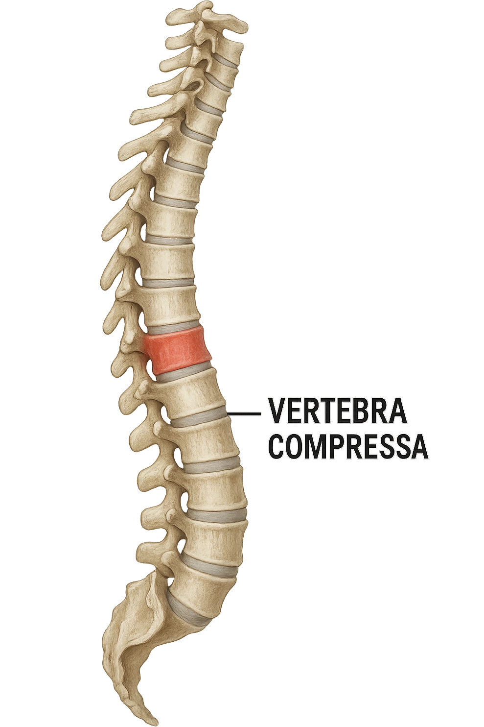 Realistic anatomical image highlighting only compressed vertebrae in lateral view, no background, clear anatomical details, with captions in Italian, aspect ratio 2:3. emoji