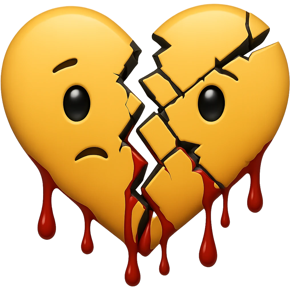 A fragmented heart emoji, broken into several distinct pieces, with a sense of melancholy and despair, dripping blood, in the style of Apple emoji. emoji