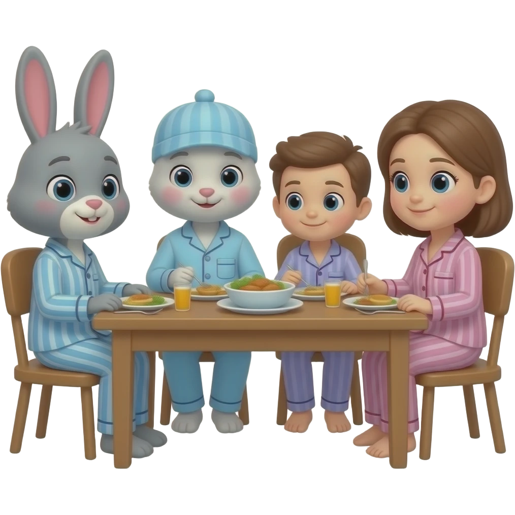 19. grey Bunny has dinner with bunny’s family in pjs . 🐰 emoji