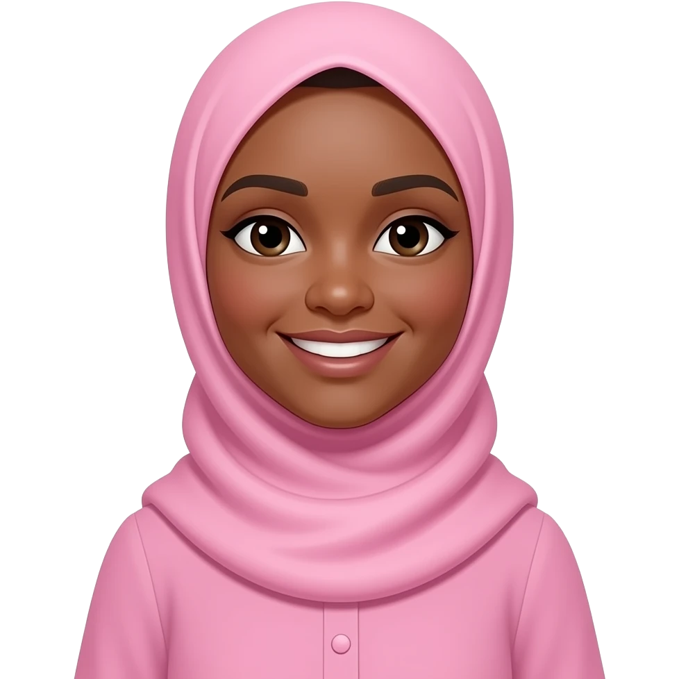 Indigenous, Muslim woman, black skin, wearing a ,Nation Of Islam styled Head scarf, i( this style is very specific it has no wrap around the neck) in Bubble gum pink, she is wearing a modest blouse with a mandarin collar buttoned up she has a soft delightful smile emoji