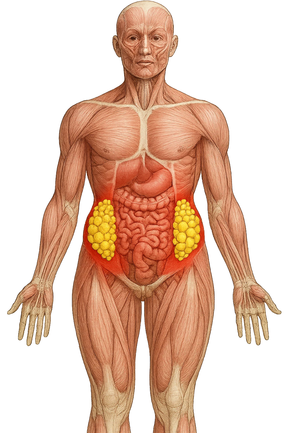 corpo umano anatomico con addome e fianchi segnati in rosso, grappoli di cellule adipose gialle su fianchi e addome emoji