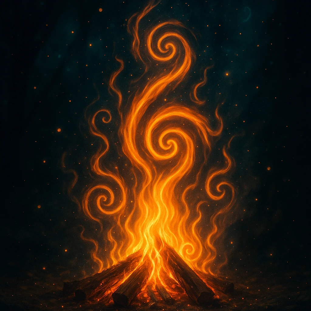 a bonfire with hypnotic spiral patterns in the flames, enchanting, mystical, glowing, surreal atmosphere emoji