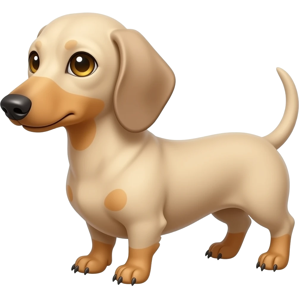 A small, thin dachshund with a narrow snout; has a faded pink-brown colored nose and a cream/blonde colored coat; has gold colored eyes and tan colored claws/nails emoji