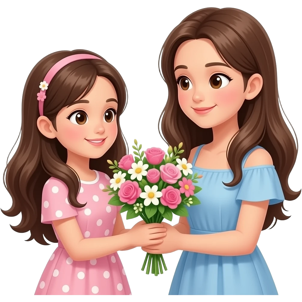 Litlle girl giving girlfriend flowers both with long hair and dresses emoji