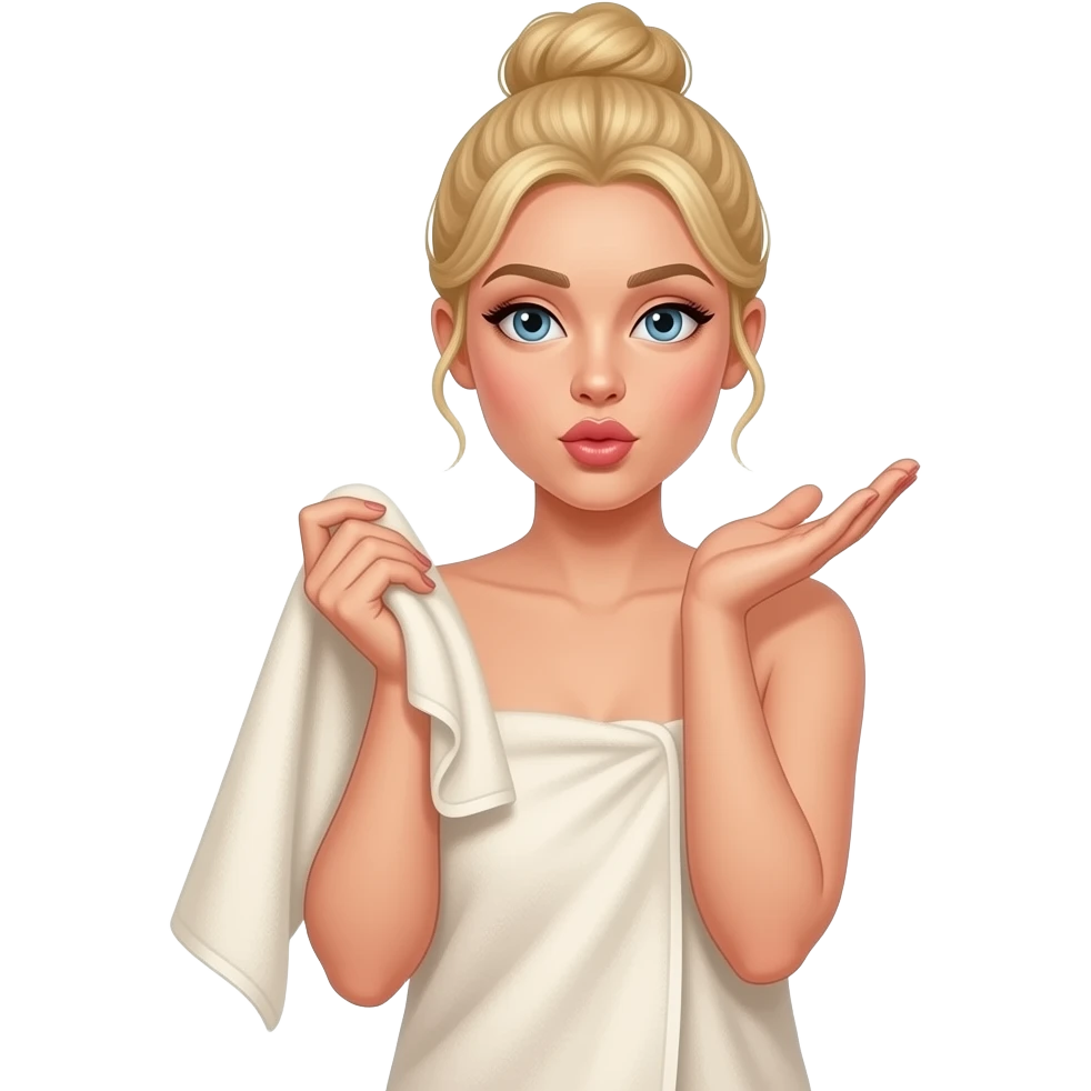 A blonde women wrapped in a towel. Her hair is twisted up in a bun. She is holding the towel up with one hand and blowing a kiss with another. emoji