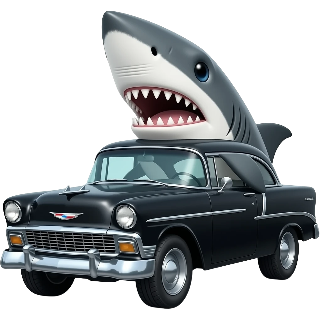 shark driving black 1955 chevy 3/4 view emoji