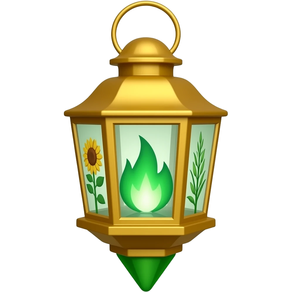 A golden hanging lantern with a bright emerald flames, an empty loop on top, sunflower & asphodel themed design, but simple focus more on the green flames, paint the glass more green, have its bottom point come to some sort of point emoji