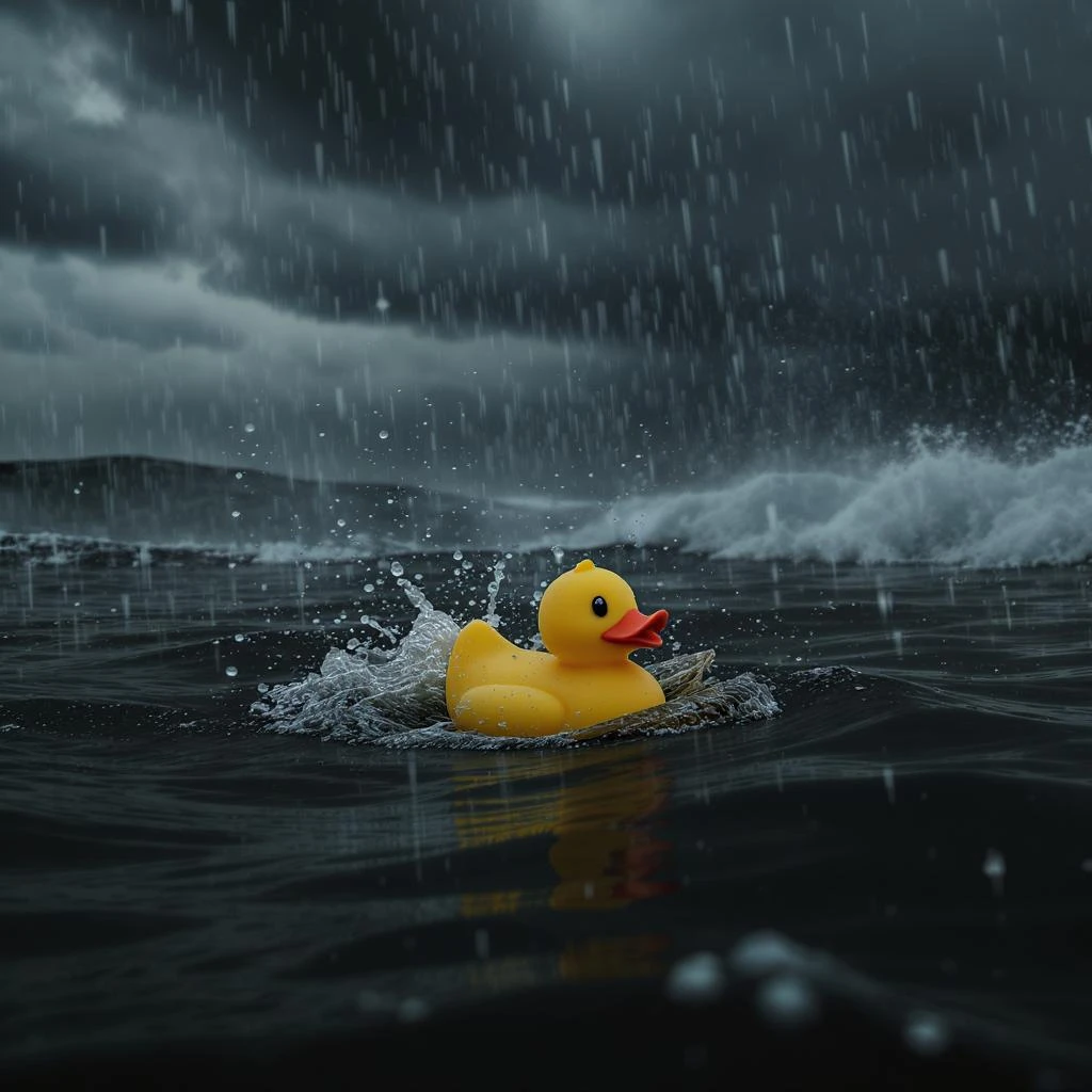Cinematic still, Extreme Closeup shot of Yellow duck toy on ocean during cloudy day, stormy sea, Camera from top, inspired by interstellar emoji