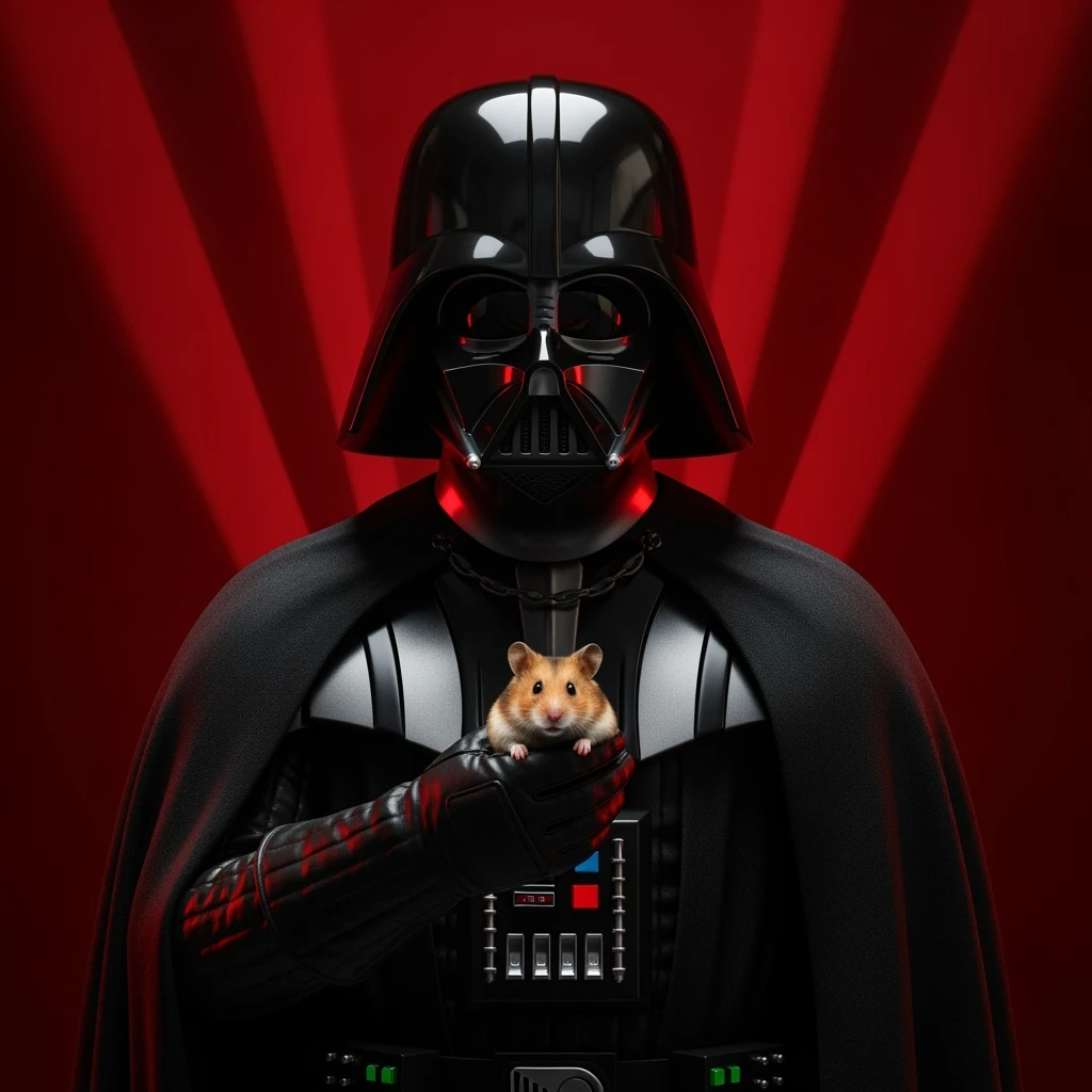 Closeup Photo of a darth vader holding hamster, low key light, red solid background with leading lines, back light, spot light emoji