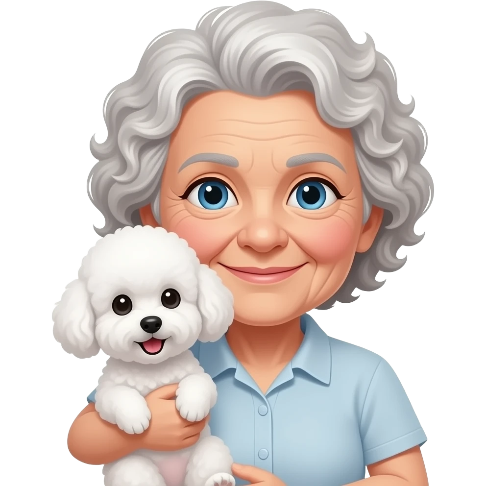 Elder woman curly hair blue eyes having a  white Maltipoo emoji