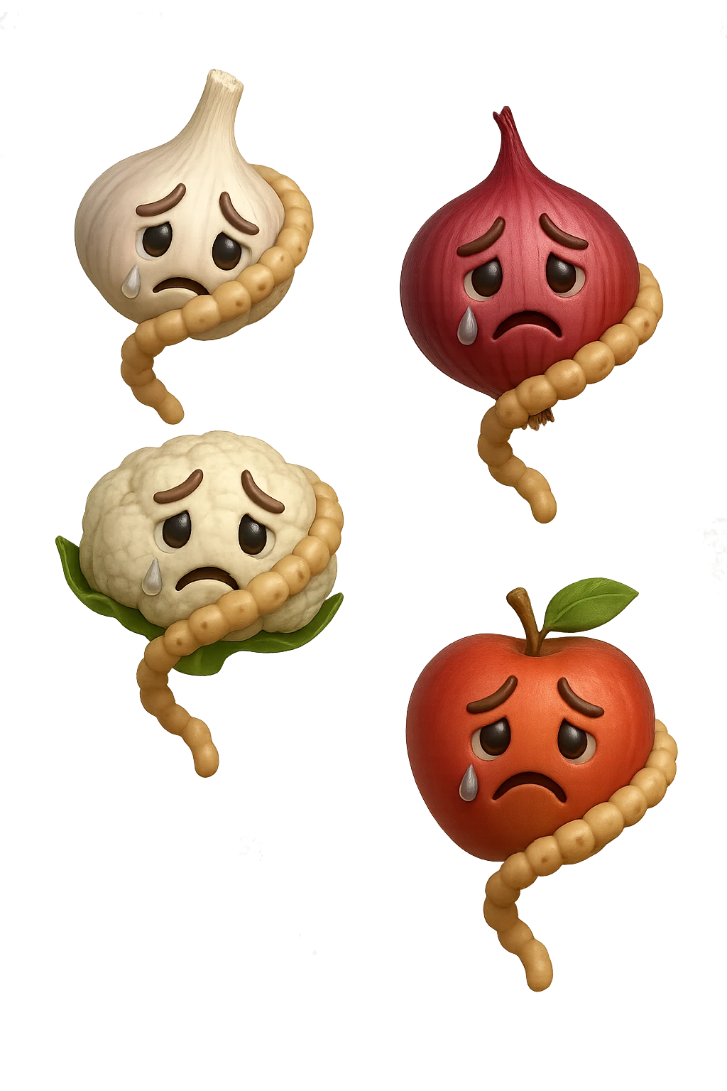 EMOJI STILE IPHONE DI aglio, cipolle, cavolfiore e mele che cadono verticalmente dall'alto con espressione triste con pezzi di colon avvolti intorno, IPERREALISTICO 4K emoji