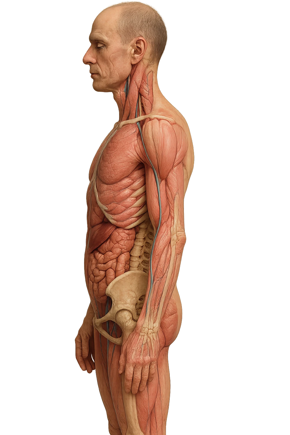 CORPO UMANO ANATOMICO REALISTICO DI PROFILO CON CURVA LOMBARE PIATTA, iperrealistico 4k emoji