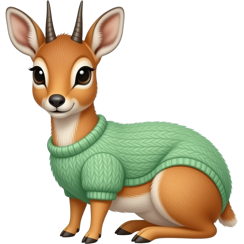 Dik dik wearing a light green fluffy jumper, facing the front and sitting down emoji