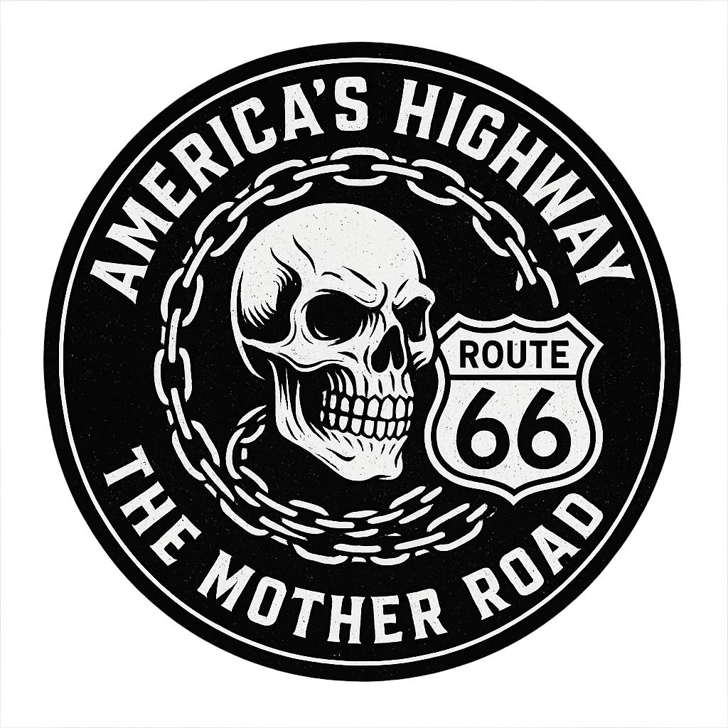 circular design for motorcycle cap, transparent background, text 'AMERICA'S HIGHWAY - ROUTE 66 - THE MOTHER ROAD', motif: skull, chain, Route 66 sign, cool style emoji