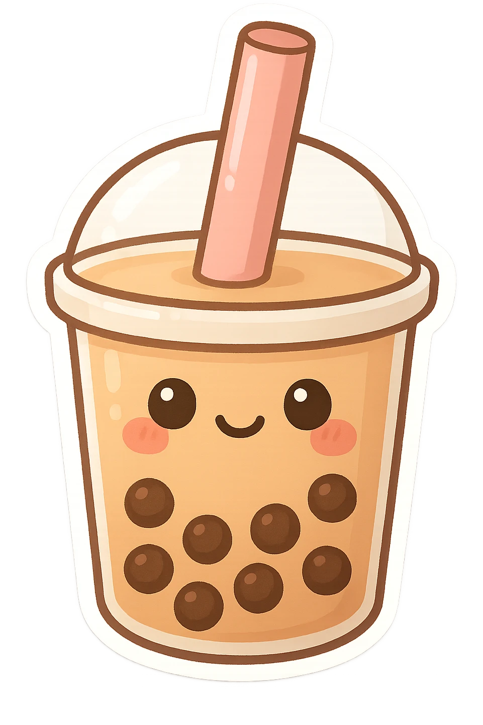 chibi sticker-style bubble tea with a smiling face, cute and exaggerated emoji
