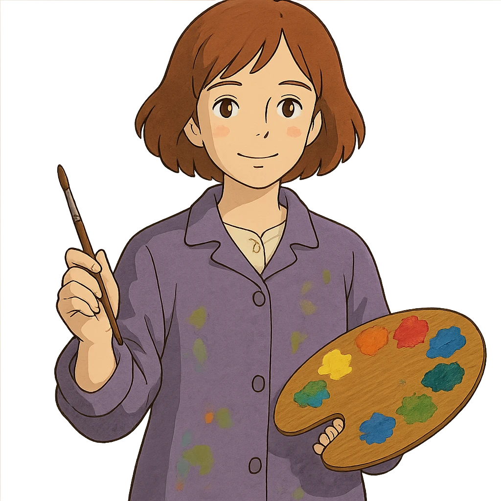 Serene female oil painter, Caucasian features, shoulder-length auburn hair, soft brown eyes, gentle smile, wearing a violet painter’s smock lightly stained with paint over a beige blouse, holding a wooden palette with vibrant colors in one hand and a brush in the other, waist-up, front-facing emoji