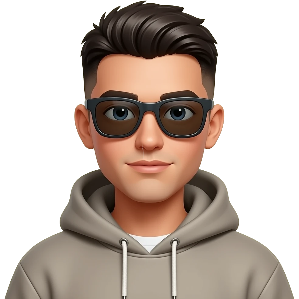 Apple style emoji of a young Latino man with a sharp fade haircut, wearing sporty wraparound sunglasses and a vintage oversized streetwear hoodie. 3D high-quality Apple emoji aesthetic, simple yellow background. emoji