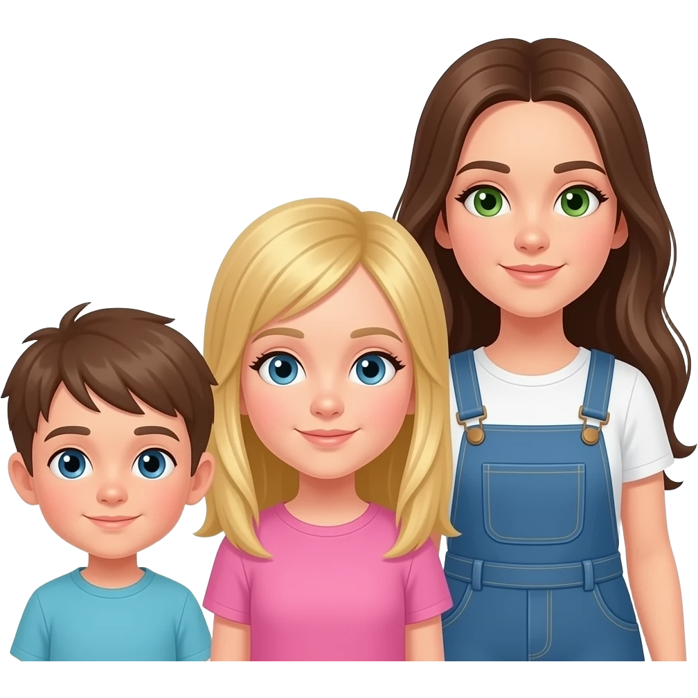 der bub ist am kleinsten. das mädchen ist mittelgroß und hat blonde haare und blaue augen. das andere mädchen ist die größte und hat grüne augen und sehr lange braune haare. emoji