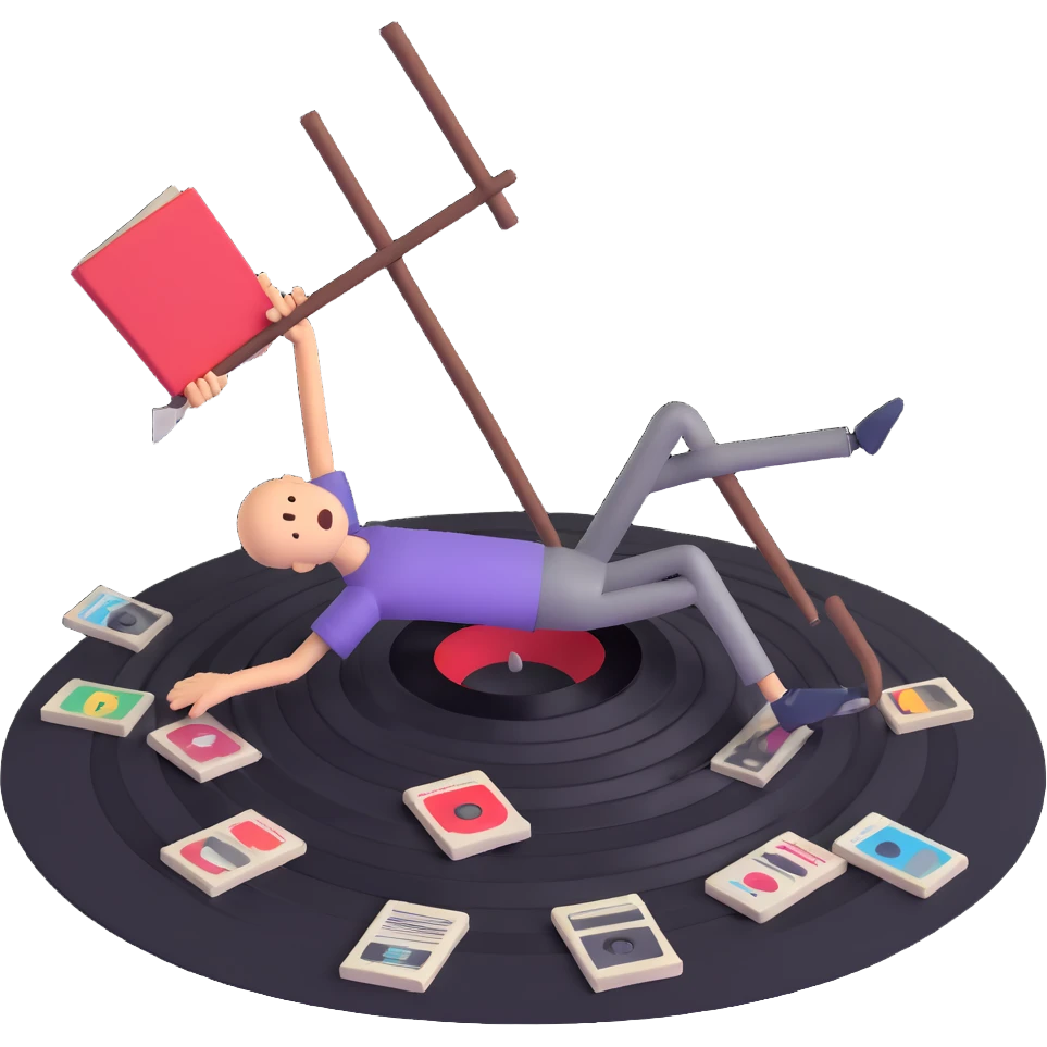 A stick figure falling into a pit full of vinyl records, like a 'Danger Zone' sign emoji