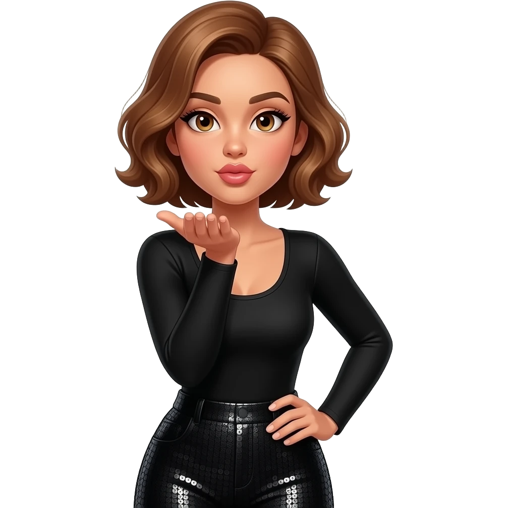 glamours,-tanned,-very-beautiful-girl,-with-big-pump-peach-beige-rose-lips,-long-long-lashes,-honey-silky-very short- hair,-wavy-hair,-hazel-eyes-in-black-long-sleeves-bodysuit-black sequinned pants- blowing a kiss off her hand, sensually- from waist up. emoji