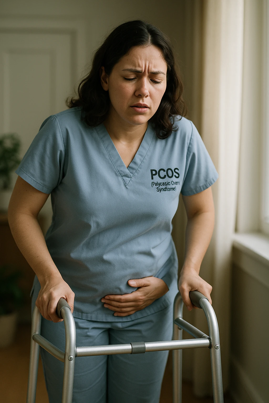 Donna con problemi difficoltà nella deambulazione a causa della sua PCOS, immagine realistica emoji