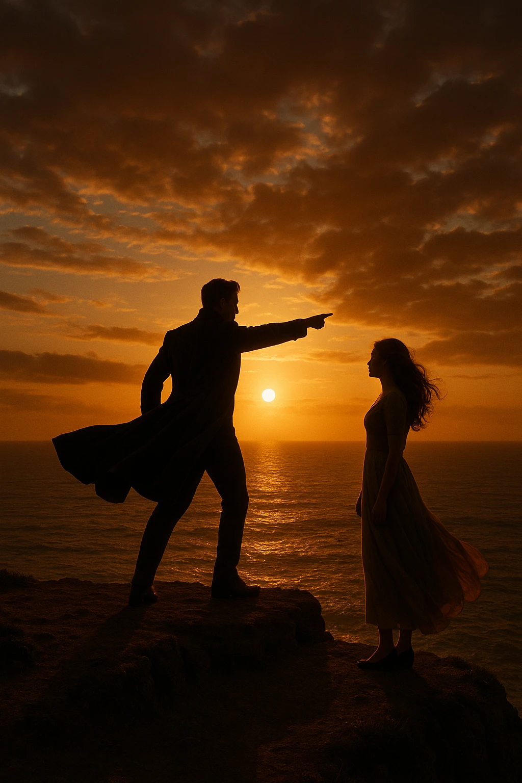 A cinematic scene of a man as a commander guiding a woman toward a bright future, standing on a cliff edge overlooking a vast ocean at sunset, with the man pointing forward while the woman looks at him, ready to follow his lead. The man wears a dark coat blowing in the wind, creating a heroic silhouette, while the woman wears a flowing dress, her hair catching the light. Warm, dramatic lighting with golden tones, emphasizing hope and leadership. Wide-angle shot capturing the epic scenery and emotional connection.
 emoji